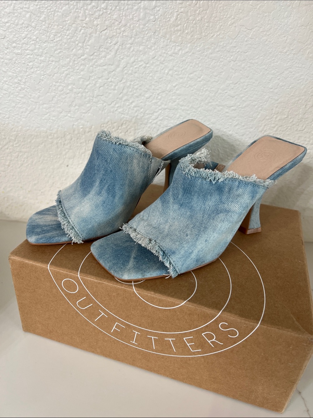Urban Outfitters Light Wash Frayed Denim Block Heel Mules